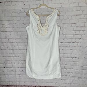 Lilly Pulitzer, Textured White Dress w/ white & gold beading at neck. Size: 14